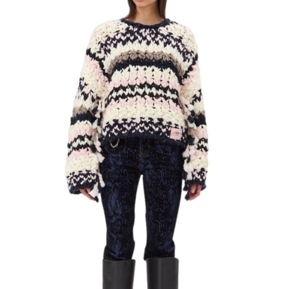 Ganni Handknit Crewneck Sweater - Pink and Black